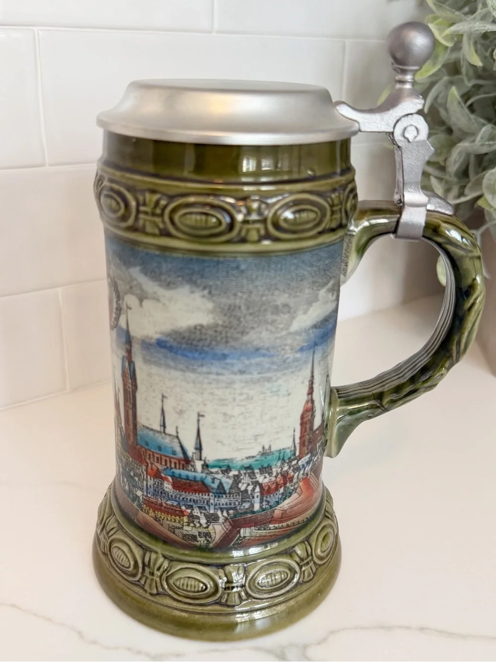 Vintage Western Germany Beer Stein Pewter Lid Hannover Cityscape Ceramic Mug